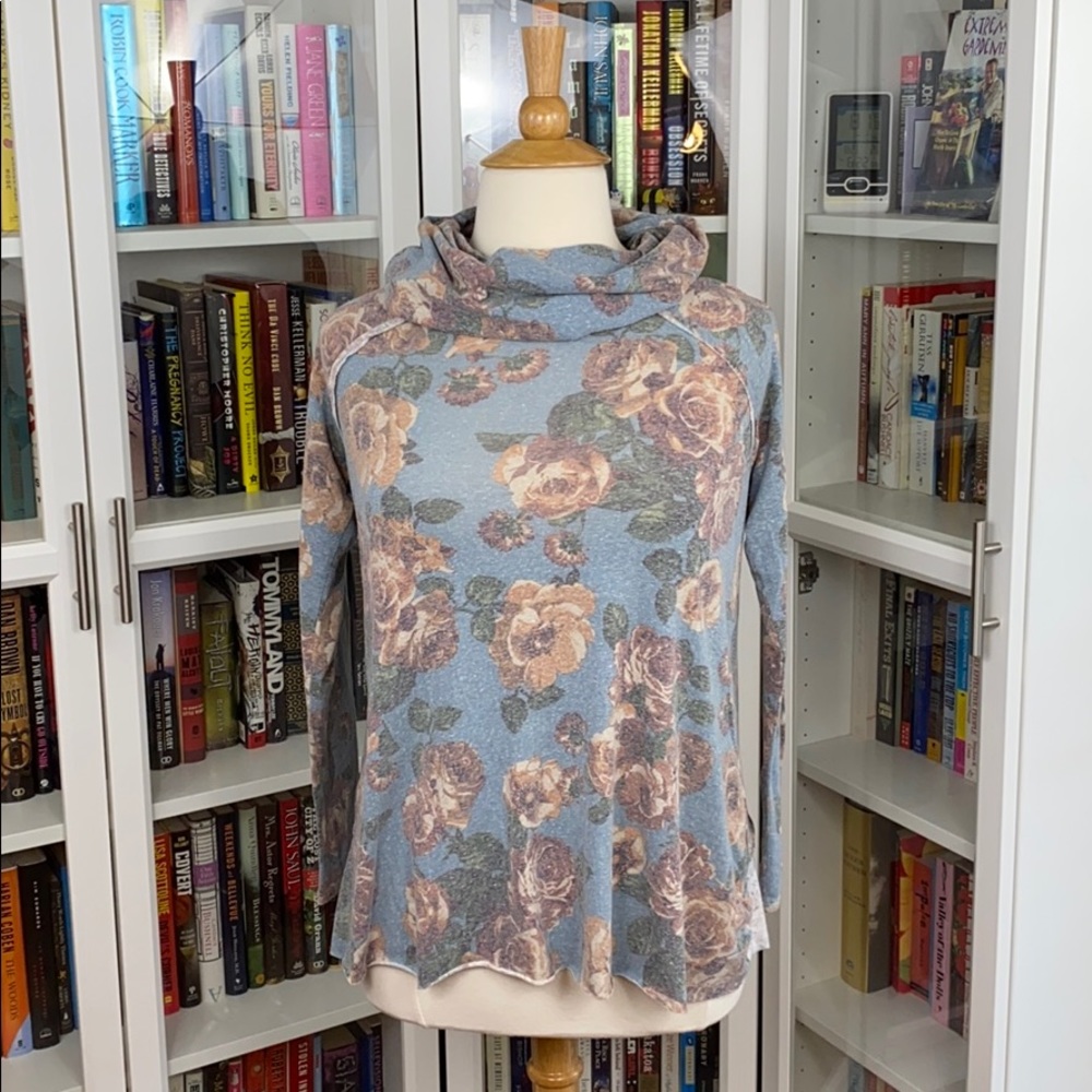 Blue Floral Long Sleeve Turtleneck Tee - Picture 1 of 13